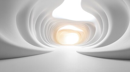 Obraz premium smooth white layered tunnel corridor with organic curved walls and warm glowing light at the end conveying calm futuristic serenity