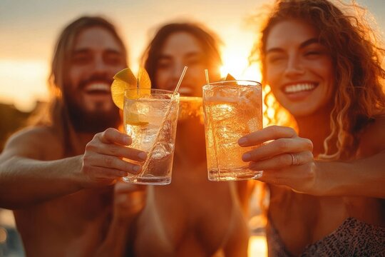 Three people toasting iced lemon drinks in tall glasses at sunset with warm golden glow, joyful relaxed summer celebration