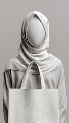 Faceless mannequin wearing hijab holding eco-friendly tote bag
