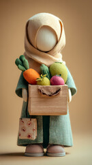 Minimalistic doll holding a box of colorful vegetables on beige background
