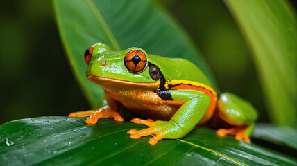 Laubfrosch mit orangefarbenen Pfoten auf gr&uuml;nem Blatt