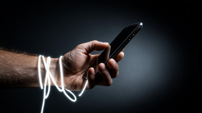 Connected by Technology: A hand clutches a phone while entangled by a glowing cord, representing the grip and connection of technology on the modern world. 