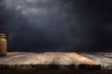 Dark textured wall with rustic wooden table foreground, empty mockup scene with copy space for product display, vintage interior background ideal for advertising, presentation, or branding design.