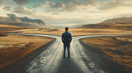 A person standing at a fork in a road. Choosing which route to take in life