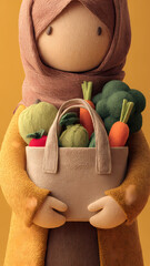 Handcrafted Doll Holding Basket of Vegetables on Yellow Background