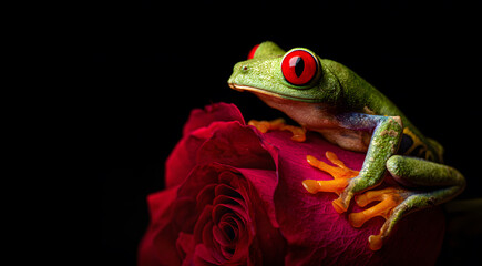 Red eyed tree frog perched on a red rose against black background, vibrant tropical wildlife portrait with dramatic lighting, symbol of nature beauty, romance, and exotic rainforest biodiversity.