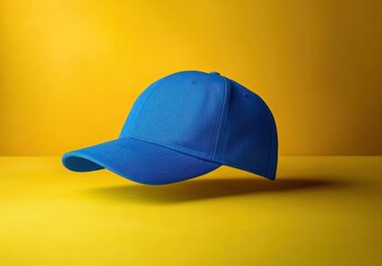 Fototapeta premium vibrant blue baseball cap levitating above yellow surface with soft shadow and minimalist studio lighting, playful modern mood