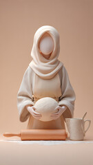 Minimalist sculpture of faceless figure with dough and kitchenware