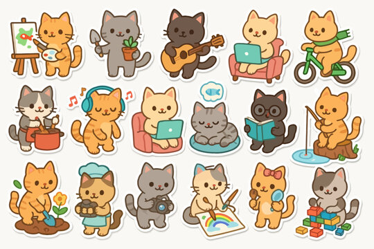Cute cartoon cats engaging in various hobbies and activities