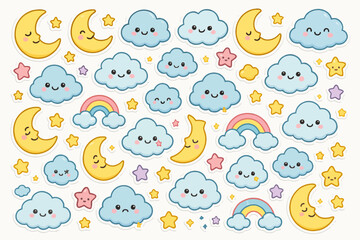 Fototapeta premium Cute cartoon clouds, moons, and stars with kawaii faces on a white background