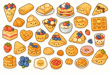 Cute kawaii breakfast food stickers with smiling faces and various pastries