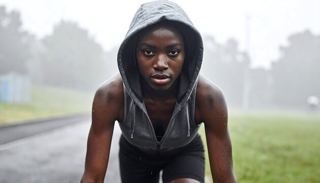 A focused athlete crouches at the starting line on a wet track