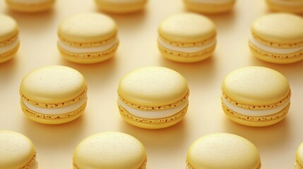 Obraz premium rows of pale yellow macarons with creamy white filling on a soft neutral background, orderly pattern and inviting cheerful dessert display