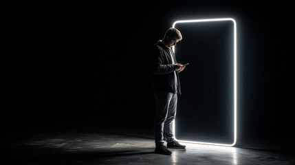 Obraz premium Digital Gateway: A solitary figure, illuminated by the glow of a modern portal, engrossed in their device, hinting at the digital realm's allure.
