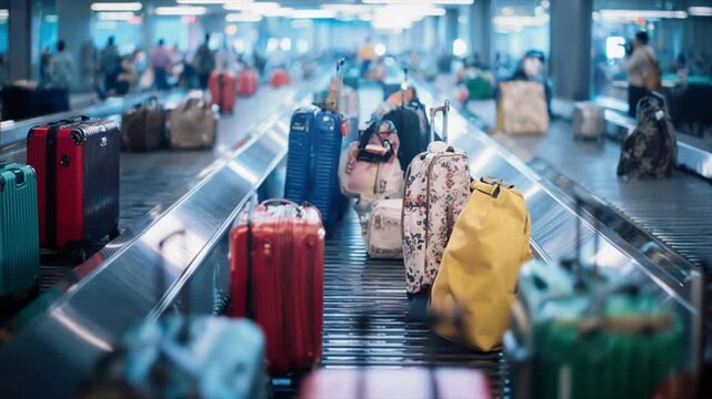 空港のターンテーブルを流れる荷物動画