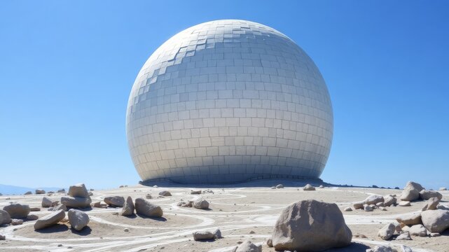 Massive geodesic dome structure in a vast desert landscape under a clear blue sky