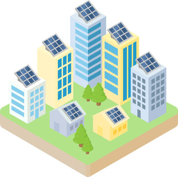 solar city buildings on green field plate eco nature power isomatric design