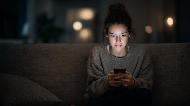 Quiet Contemplation: A woman engrossed in her phone at night. A candid moment of focus and solitude. She is bathed in the soft glow of the screen light, lost in thoughts.