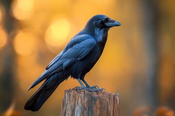 Obraz premium calm watchful black crow perched on a weathered tree stump against warm golden forest bokeh