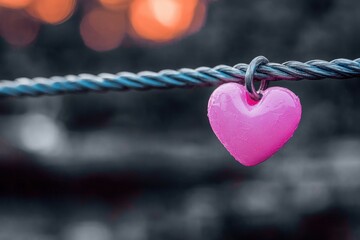 pink heart charm hanging from twisted steel cable with raindrops and warm orange bokeh, sentimental romantic mood