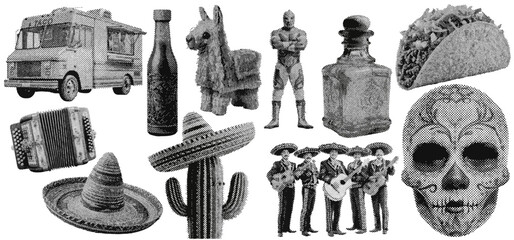 Fototapeta premium Set of mexican cinco de mayo halftone grunge vector design elements