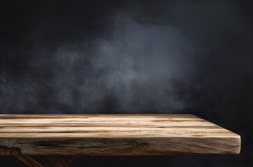 Empty wooden table against dark textured wall, rustic surface with dramatic lighting and copy space for product display, mockup, advertising, or minimalist interior presentation.