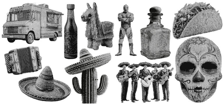 Set of mexican cinco de mayo halftone grunge vector design elements