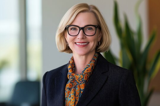Confident businesswoman smiling broadly, showcasing leadership, success, and a friendly corporate demeanor while working in a bright office environment
