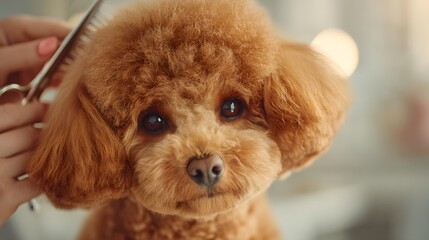 A person is cutting a poodle's hair
