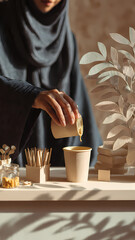Person pouring coffee in cozy cafe with warm natural lighting