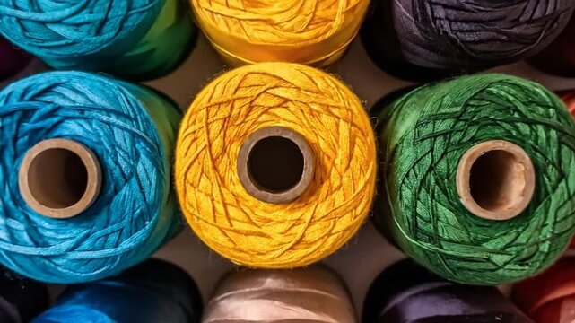 Vibrant spools of thread arranged in a grid, showcasing a spectrum of colors and textures for crafting.