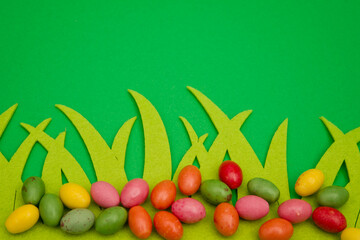 Minimalist creative Easter concept with colorful eggs. Poster or greeting card.