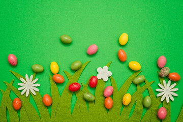 Minimalist creative Easter concept with colorful eggs. Poster or greeting card.