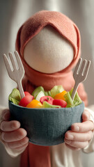 Abstract doll holding salad bowl with vibrant vegetables and forks