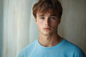 Naklejka premium young person in a light blue t-shirt standing indoors by pale curtains, upper body close-up with relaxed shoulders and calm contemplative mood