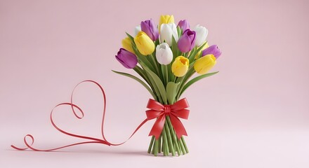 Obraz premium Vibrant tulip bouquet with red ribbon and heart shaped decoration on pink background for valentine's day and spring