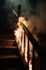Burning wooden staircase railing with smoke and fire inside home