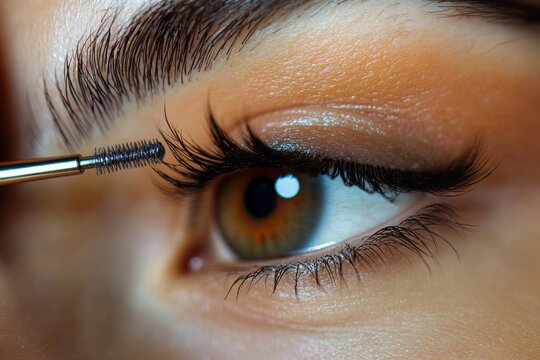 close-up of eyebrow grooming with a spoolie brush on a natural brow, delicate beauty routine and focused calm