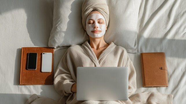 Serene Spa Day: A woman enjoys a spa-like experience at home, cocooned in a cozy robe, facial mask, surrounded by technology, books, embracing a moment of calm and self-care.