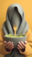 Abstract figure holding bowl of green leaves with yellow backdrop