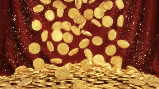 Gold coin falling pile on red background, chinese new year celebration on crimson fabric with sparkling dust and shimmering texture, symbolizing wealth fortune prosperity and success year