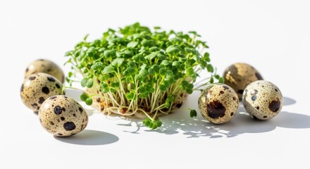 Fresh Green Microgreen Sprout with Quail Eggs on White