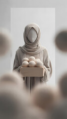 Faceless figure in neutral tones holding box of eggs