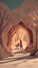Paper Art of Person with Stroller in Enchanted Forest