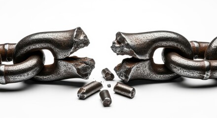 Damaged Iron Chain Breaking with Shards on White