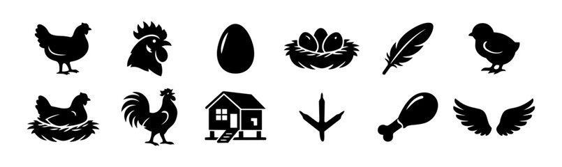Chicken and Poultry Farm Icons Set – 12 Black Silhouette Symbols on White © Mediasegment