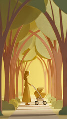 Woman walking with stroller in abstract forest illustration