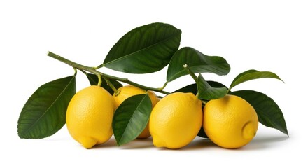 Bright Lemons with Green Leaves on White Background