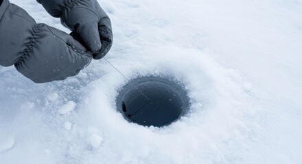 Snowy Hole Drilled in Ice with Gloved Hand and Line