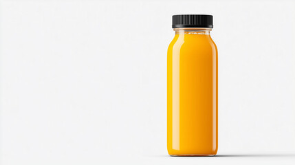 Fresh orange juice in a clear glass bottle mockup with black cap isolated on white background.